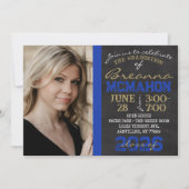 Blue & Gold Chalkboard Abschluss Foto Einladung (Vorderseite)