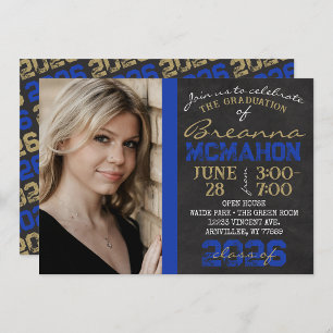Blue & Gold Chalkboard Abschluss Foto Einladung