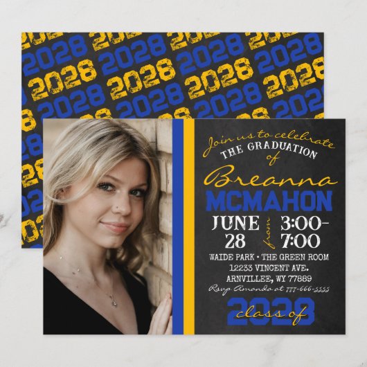 Blue & Gold Chalkboard Abschluss Foto Einladung (Vorne/Hinten)