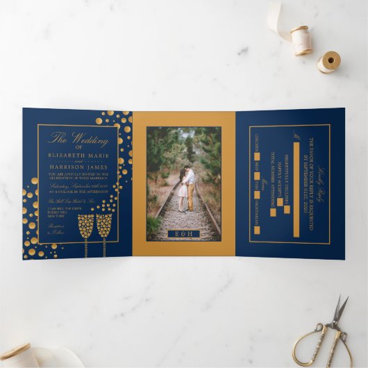 Blue & Gold Champagne Bubbles, Wedding Suite Dreifach Gefaltete Einladung (Innenseite)