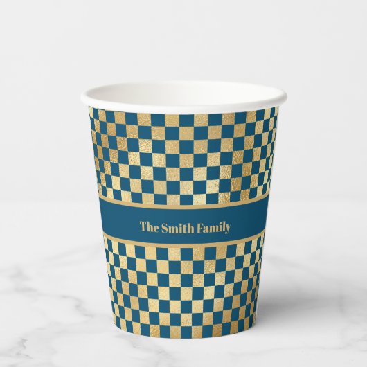 Blue Gold Checked Paper Cup Pappbecher (Rückseite)