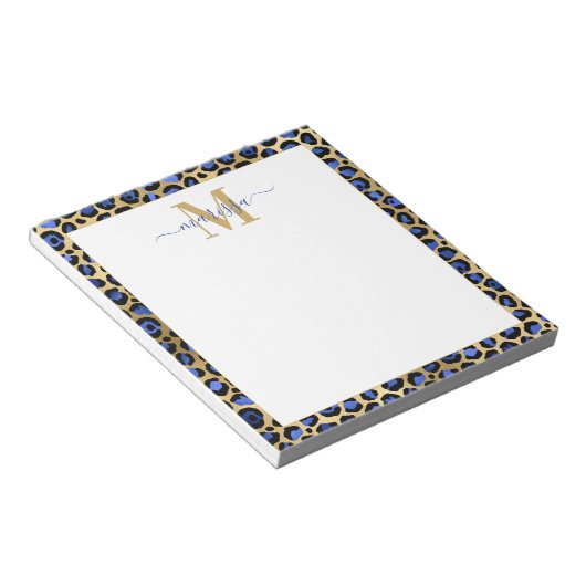Blue Gold Cheetah Print Initial mit Name Monogram Notizblock (angewinkelt)