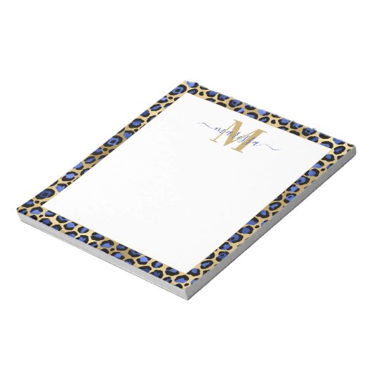 Blue Gold Cheetah Print Initial mit Name Monogram Notizblock (Rotiert)