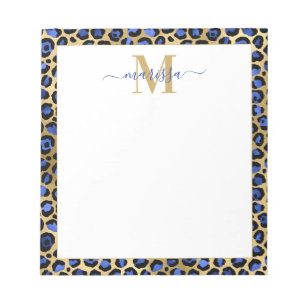 Blue Gold Cheetah Print Initial mit Name Monogram Notizblock