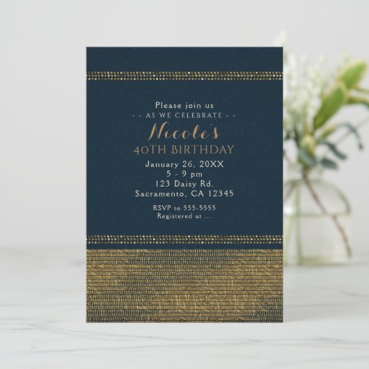 Blue & Gold Chic Sparkling Glam Party Einladungen (Stehend Vorderseite)