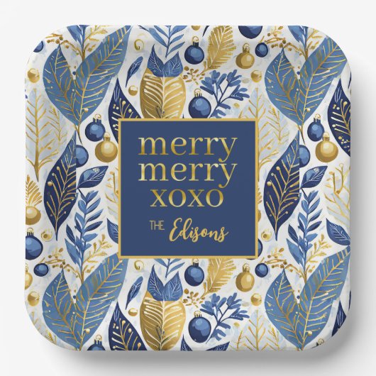 Blue Gold Christmas Merry Pattern#21 ID1009 Pappteller (Vorderseite)