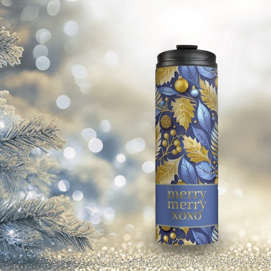 Blue Gold Christmas Merry Pattern#22 ID1009 Thermosbecher