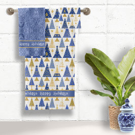 Blue Gold Christmas Merry Pattern#25 ID1009 Badhandtuch Set