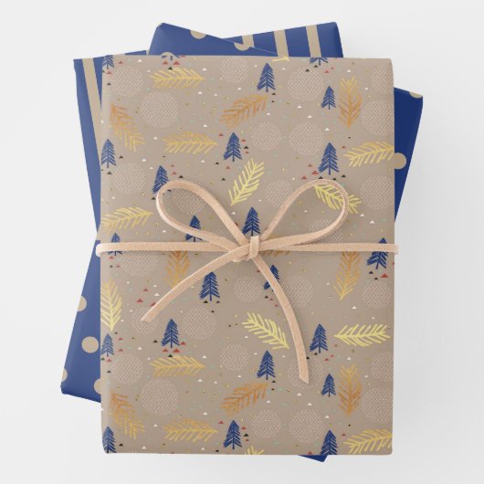 Blue Gold Christmas Trees Polka Dots Stripe Geschenkpapier Set (Beispiel)
