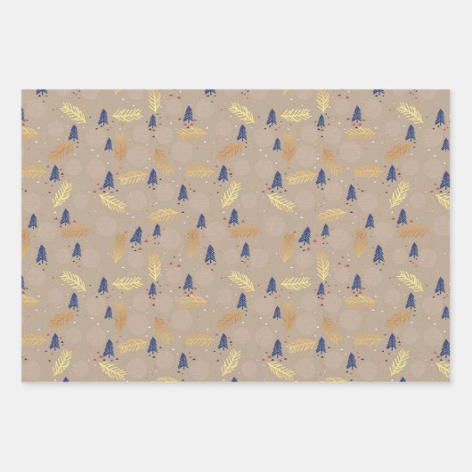 Blue Gold Christmas Trees Polka Dots Stripe Geschenkpapier Set (Vorderseite)