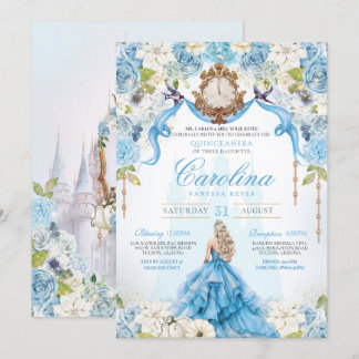Blue Gold Cinderella Quinceanera Luxus Geburtstag Einladung