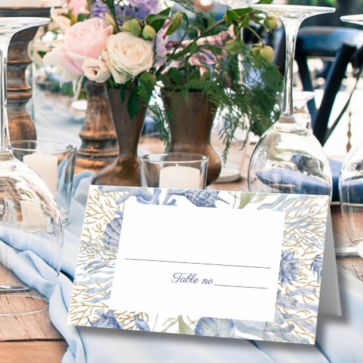 Blue Gold Coastal Folded Place Card Platzkarte