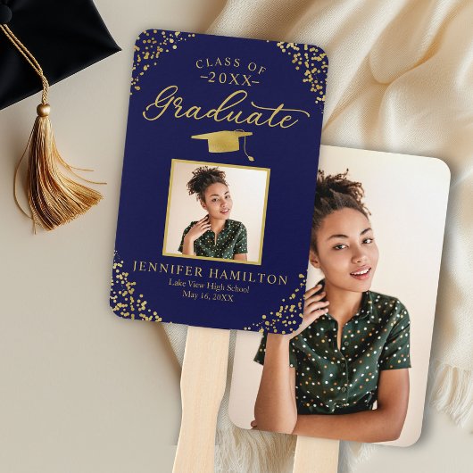 Blue Gold Confetti 2 Foto Abschluss Handfächer