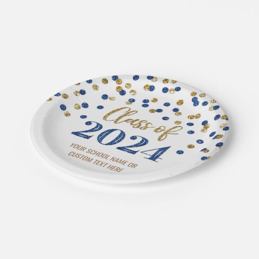 Blue Gold Confetti Abschluss 2024 Pappteller (Schrägansicht)