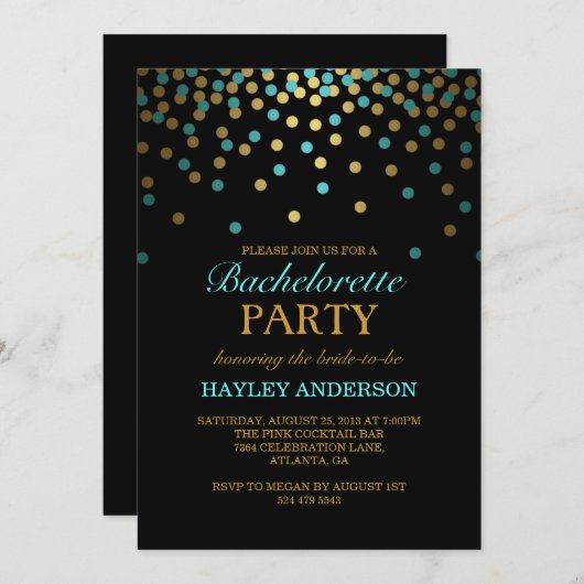 Blue & Gold Confetti Bachelorette Einladung (Vorne/Hinten)