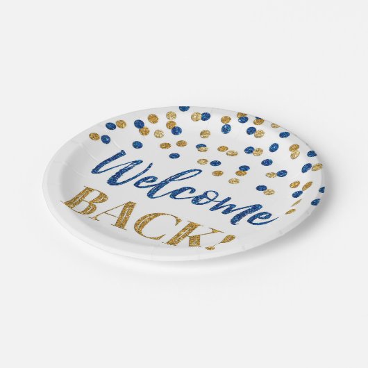 Blue Gold Confetti Begrüßung Back Paper Teller (Schrägansicht)