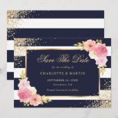 Blue Gold Confetti Blush Pink Blumenzehen Save The Date (Vorne/Hinten)