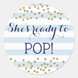 Blue Gold Confetti Boy Baby Dusche Bereit zum Pop Runder Aufkleber