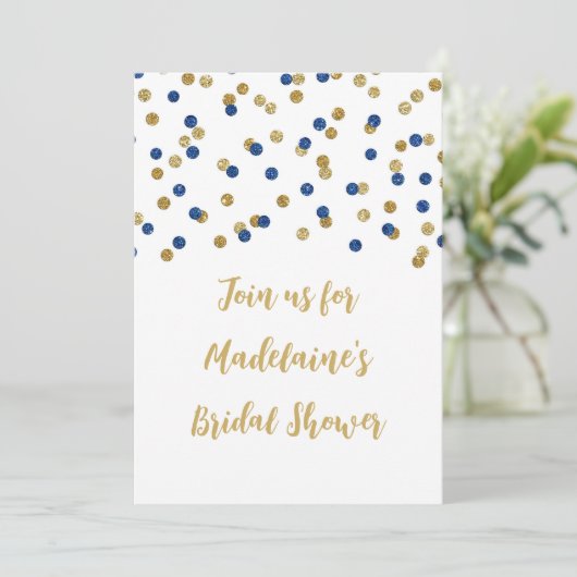Blue Gold Confetti Bridal Dusche Einladung (Stehend Vorderseite)