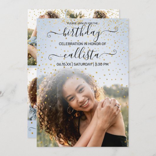 Blue Gold Confetti Foto Collage Geburtstag Einladung (Vorne/Hinten)