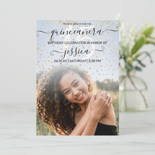 Blue Gold Confetti Foto Collage Quinceañera Einladung (Stehend Vorderseite)