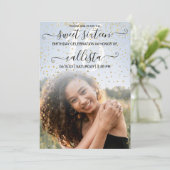 Blue Gold Confetti Foto Collage Sweet 16 Einladung (Stehend Vorderseite)