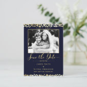 Blue & Gold Confetti Foto Hochzeit Sichern Sie das Ankündigungspostkarte (Stehend Vorderseite)