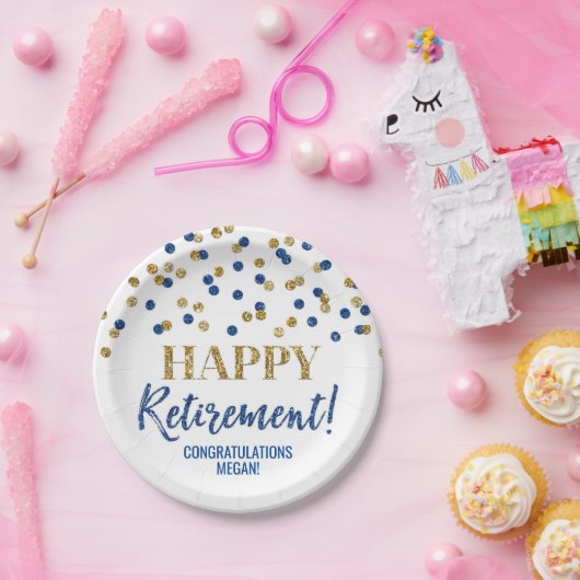 Blue Gold Confetti Happy Retirement Pappteller (Party)