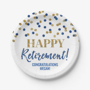 Blue Gold Confetti Happy Retirement Pappteller