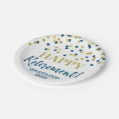 Blue Gold Confetti Happy Retirement Pappteller (Schrägansicht)