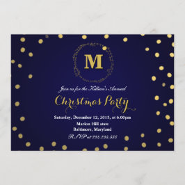Blue Gold Confetti Monogramm Weihnachtsfest Party Einladung