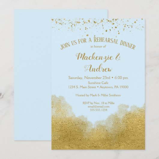 Blue Gold Confetti Probe Dinner Einladung (Vorne/Hinten)
