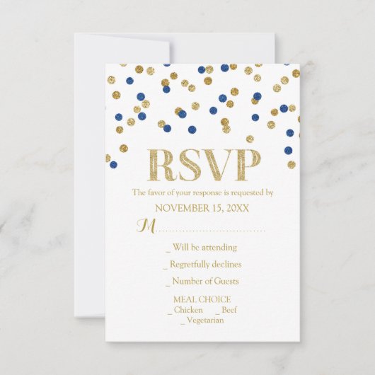 Blue Gold Confetti Wedding RSVP Cards Karte (Vorderseite)