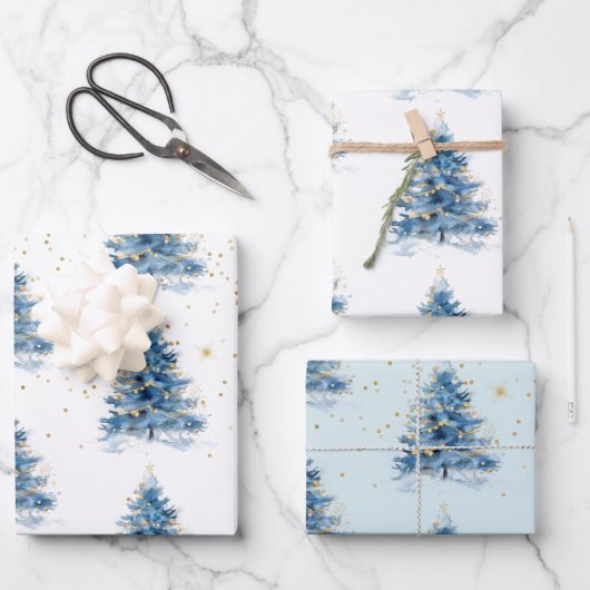 Blue Gold Confetti Weihnachtsbaum Geschenkpapier Set (Vorderseite)