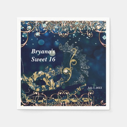 Blue & Gold Costume Masquerade Mask Birthday Party Serviette (Vorderseite)