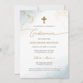 Blue Gold Cross Boy Confirmation Confirmacion  Einladung (Vorderseite)