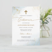 Blue Gold Cross Boy Confirmation Confirmacion  Einladung (Stehend Vorderseite)