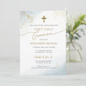 Blue Gold Cross Boy First Heilige Kommune Einladung (Stehend Vorderseite)