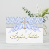 Blue Gold Cross Boys Blue Baptisse Einladung (Stehend Vorderseite)