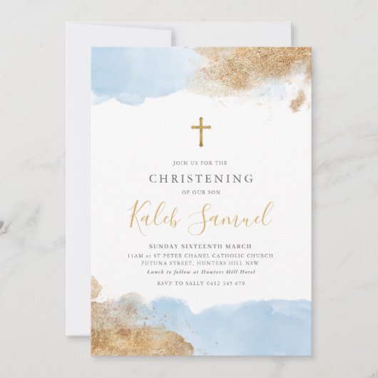Blue Gold Cross Boys Taufe Christening Einladung (Vorderseite)