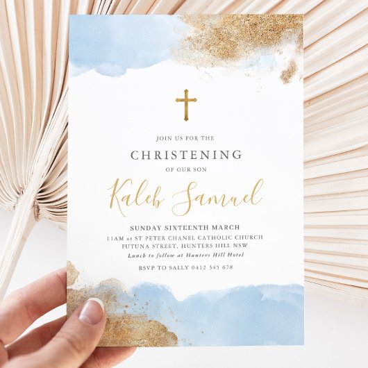 Blue Gold Cross Boys Taufe Christening Einladung