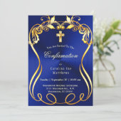 Blue Gold Cross Elegant Bestätigung Einladung (Stehend Vorderseite)
