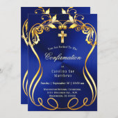 Blue Gold Cross Elegant Bestätigung Einladung (Vorne/Hinten)