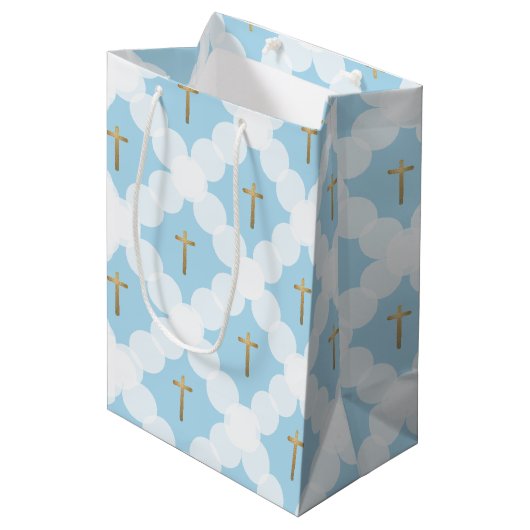 Blue & Gold Cross Elegant Christian Baptism Mittlere Geschenktüte (Vorderseite Schrägansicht)