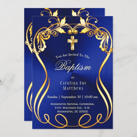 Blue Gold Cross Elegante Taufe Einladung (Vorne/Hinten)