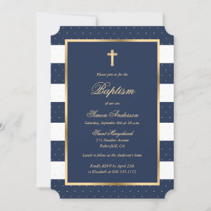 Blue Gold Cross Frame Elegant Boy Taufe Einladung