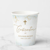Blue Gold Cross Name Boy Bestätigung Pappbecher (Rückseite)