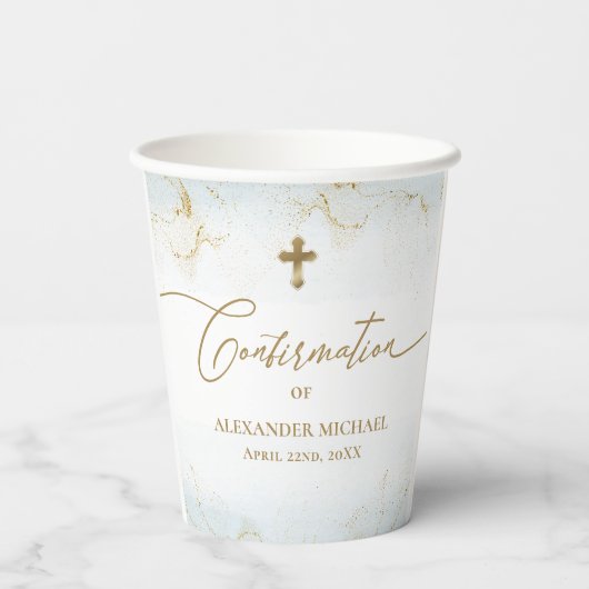 Blue Gold Cross Name Boy Bestätigung Pappbecher (Rückseite)