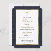 Blue Gold Cross Polka Dots Elegante Script Taufe Einladung (Vorderseite)