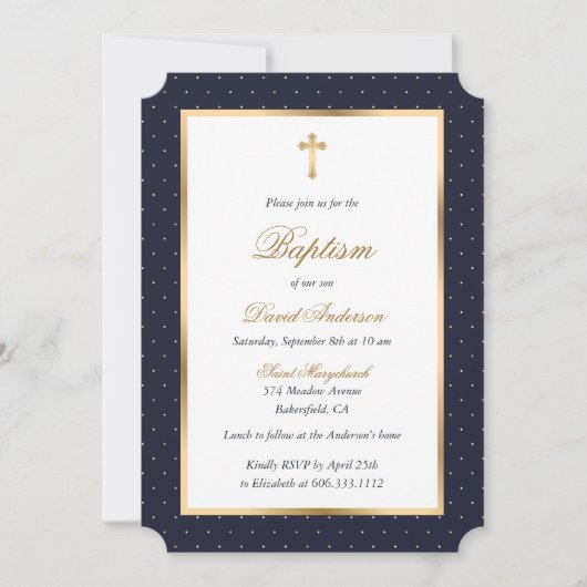 Blue Gold Cross Polka Dots Elegante Script Taufe Einladung (Vorderseite)